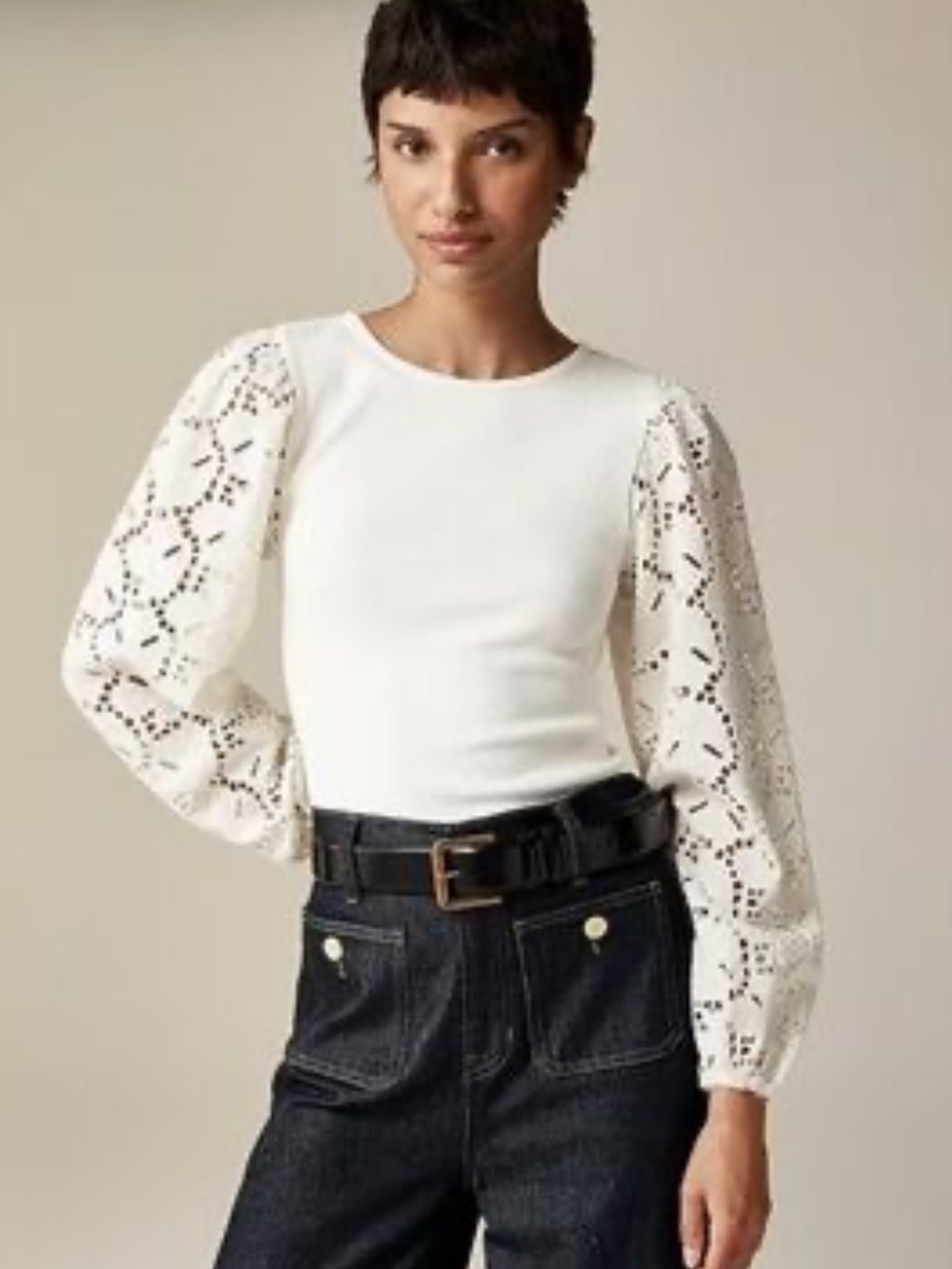 J.CREW rib top with cotton poplin eyelet sleeves boho romantic ivory size XL